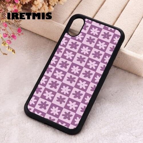 Iretmis 5 5S SE 2020 Phone Cover Case for iPhone 6 6S 7 8 Plus X Xs XR 11 12 Mini Pro Max Silicone Checkered Flower purple