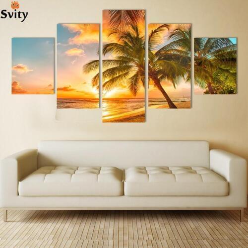 Modern Wall Art Home Decoration Printed Oil Painting Pictures No Frame Canvas Prints 5 Piece Coconut Palm Beach Scenery