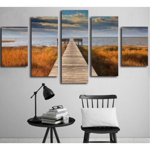 Modern Decor Canvas Painting Frame For Living Room Wall Art 5 Panel Sunset Long Bridge Seascape Picture HD Printed Poster