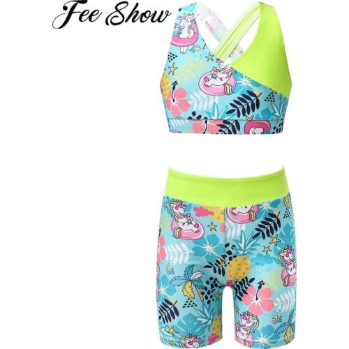 2Pcs Kids Girls Sport Suit Running Sets V Neck Straps Cross Back Crop Vest and Shorts Set Sportswear Running Gym Workout Clothes