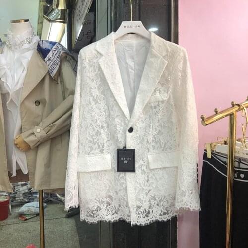 Street Elegant Slim White Lace Blazer for Lady Ol Suit Temperament Thin Coat Womens Jackets Spring 2021