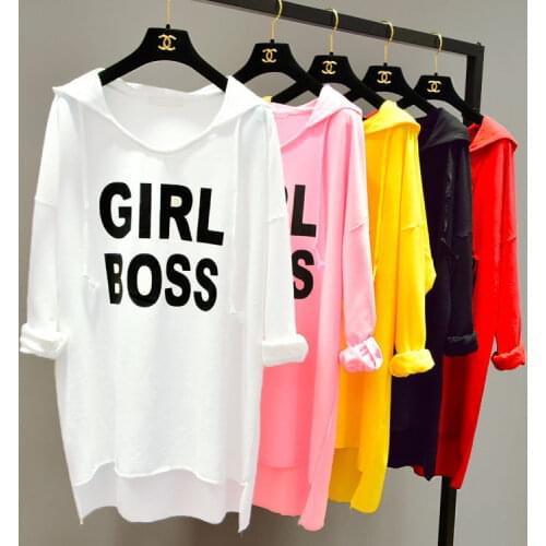 Women Pull Over Hooded T-shirts Plus Size Women Tops and Tees Girl Boss T-shirts Loose Long Tops Long Sleeve