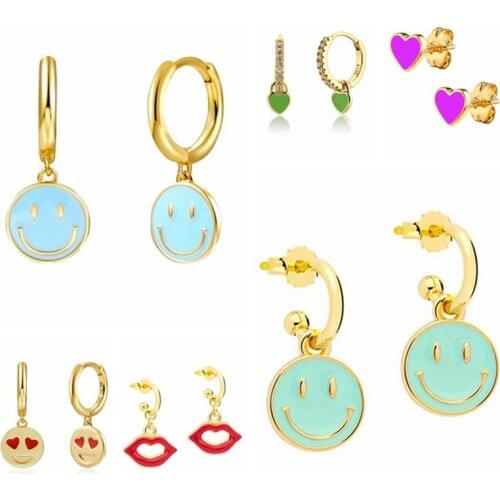 YUXINTOME 925 Sterling Silver Smiley Earrings for Women Candy Color Enamel Smile Earrings Heart Huggie Hoop Earrings Jewelry