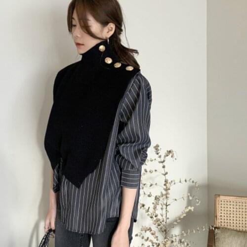 Women Autumn New Sweaters Striped Panelled Patchwork Turtleneck Sweater Chic Side Buttons Fake Two-piece Female Pullovers GK419