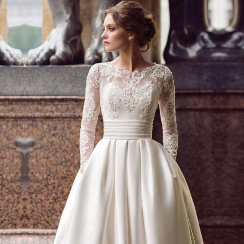 Vestido de novia de corte en A con bolsillos, manga corta, con cuello en V, 2020