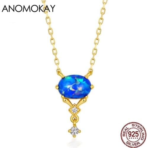 Luxury Dark Blue Vintage Oval Opal Link Chain Gold Color Necklace for Women Wedding Party Engagement Gift 925 Silver Necklaces