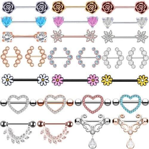 2PCS Titanium Nipple Piercing Heart Barbell 14G Nipple Shield Flower Charm Heart Nipple Rings For Women Body Piercing Jewelry