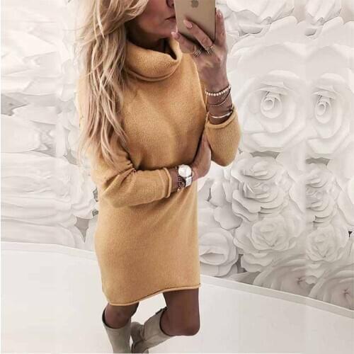 AECU11 Turtleneck Sweater Dress Women Knitting Party Dress Casual Ladies Dresses Winter Vintage Long Sleeve Dresss Yellow 2021