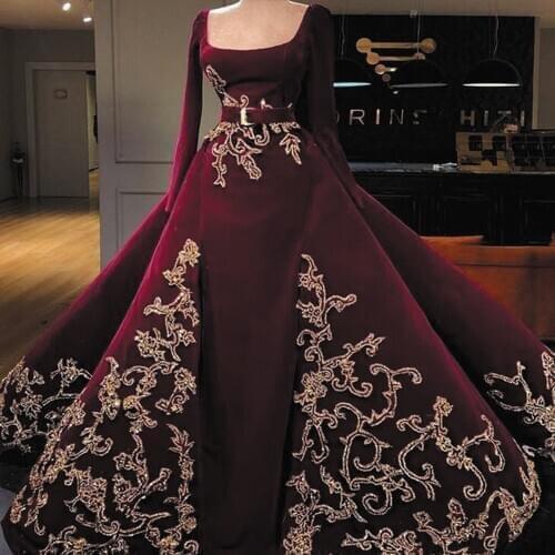 SuperKimJo Velvet Burgundy Prom Dresses Ball Gown Robe De Soiree Lace Applique Boat Neck Muslim Prom Gown Vestidos De Gala