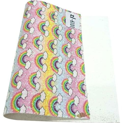 Iridescent Color Changing Rainbow Cloud Pattern Printed Shiny Chunky Glitter Faux Leather Fabric Sheet for Shoe/Bag/Craft