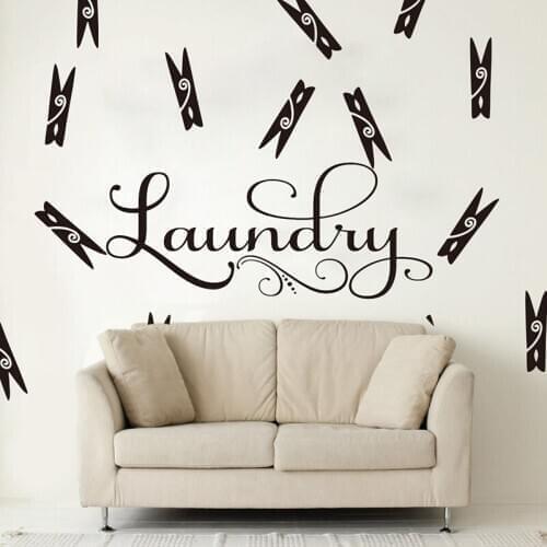 Large Laundry Clothes Pin Wall Sticker Washroom Laundry Words Flower ClothesPin Peg Wall Decal Vinyl Home Decor