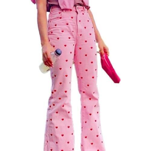 Aesthetics Pink Printing Flare Pants Girl Vintage High Waist Baggy Trousers Fashion Streetwear Long Bottoms