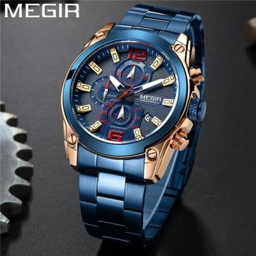 MEGIR Watch Men Waterproof Chronograph Date Military Male Clock Top Brand Luxury Blue Stainless Steel Man Sport Wristwatch 2063