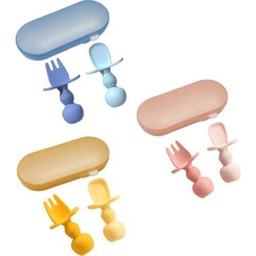 Baby Spoon Fork Set Silicone Teether Toys Anti-slip Learning Training Utensils Kids Spoon Fork Set Baby Feeding