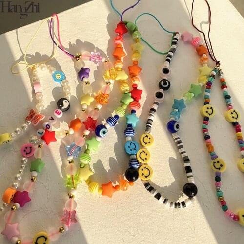 HangZhi 2021 New Colorful Glazed Eyes Soft Pottery Stars Smiley Beads Acrylic Mobile Phone Chain Anti-lost Lanyard for Women