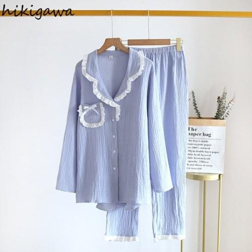 Hikgawa Womens Pajamas Patchwork Lace Nightwear Long Sleeve Trousers Suit Female 2 Piece Pijama Mujer Women Clothing Sets