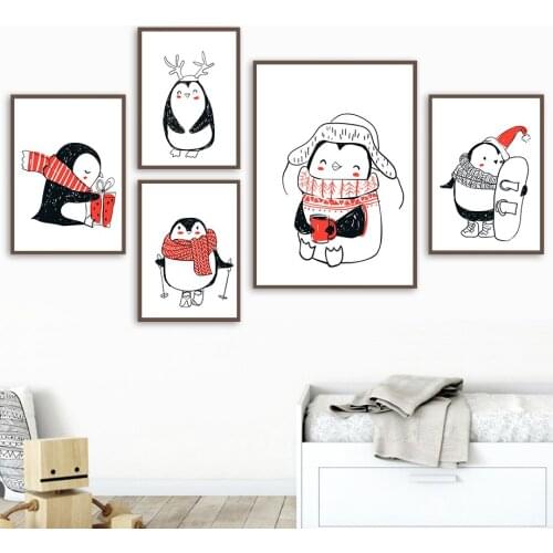 Cartoon Little Penguin Wearing A Scarf Canvas Painting Wall Art Nordic Posters and Prints Wall Pictures for Living Room Decor