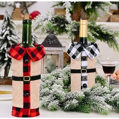 Plaid Santa Claus Suit Wine Bottle Cover Christmas Dinner Table Party Decor