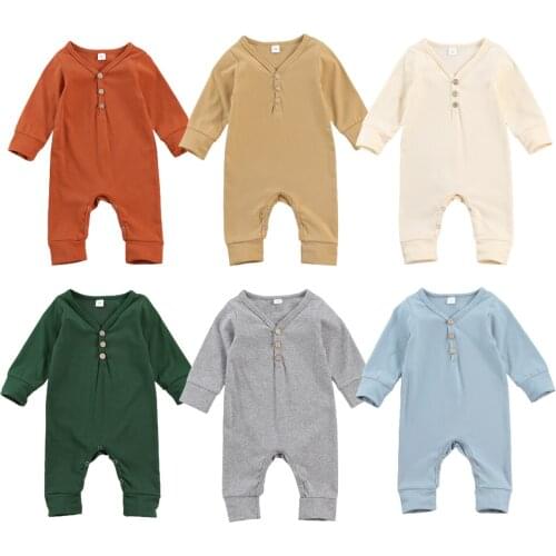 2021 0-12M Newborn Baby Boy Girl Long Sleeve Jumpsuit Soft Cotton Clothes Autumn Fresh Solid Color Button One Piece Long Pants