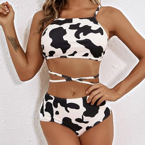 Summer Cool And Refreshing Sexy Split Swimsuit With Chest Pad Without Steel Support Sexy Printed Cow Pattern Bikini