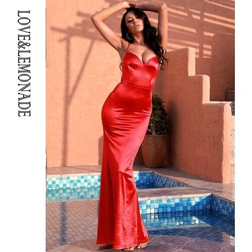 LOVE&LEMONADE Red Sexy Tube Top Strap Open Back Cross Straps Bodycon Party Wedding Maxi Dress LM83191