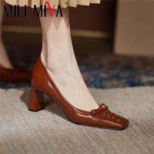 MILI-MIYA Fashion Square Toe Women Full Genuine Leather Pumps Comfortable Thick Heels Butterfly Knot Slip On Dress Party Shoes