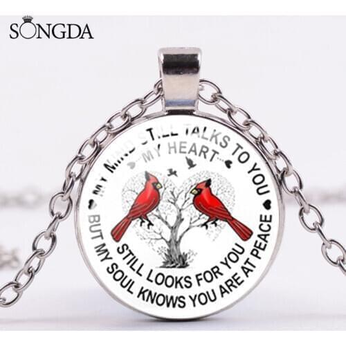 Fashion Cardinal Memorial My Mind Still Talks You Pendant Necklace Art Photo Glass Dome Choker Couples Jewelry Gifts for Women