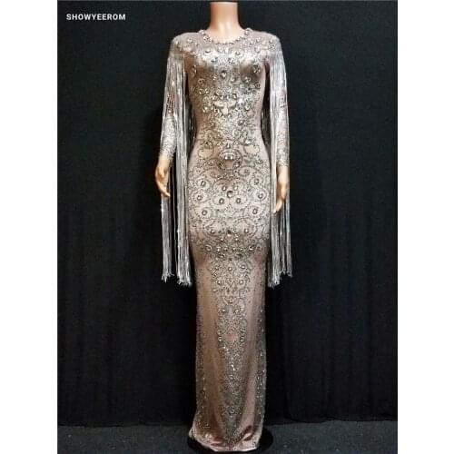 Fashion sequins Fringes Dress Women Sexy Tassel Rhinestones Costume One-Piece Dress Female Birthday Celebrate Long Dress