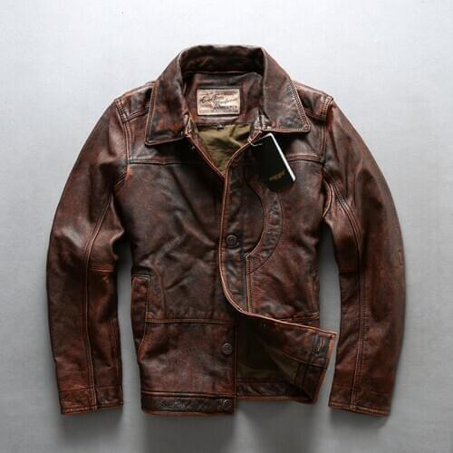 AVIREXFLY 2020 New Men Vintage Brown Motorcycle Cow skin Leather Jacket Casual Single Breasted Slim fit Jackets Winter Coats