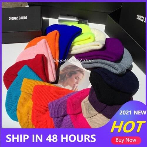 Men Women Winter Autumn Solid Color Warm Woolen Knitted Cap Fluorescent Cuffed Beanie Hat Female Caps Warmer Bonnet Casual Cap