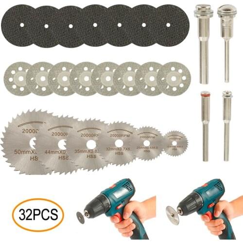 32PCS Emery Cutting Disc Set Circular Saw Blade Rotary Tool Metal Discs Cutoff Mandrel Kit Cutting Wood Power Drill Accessories