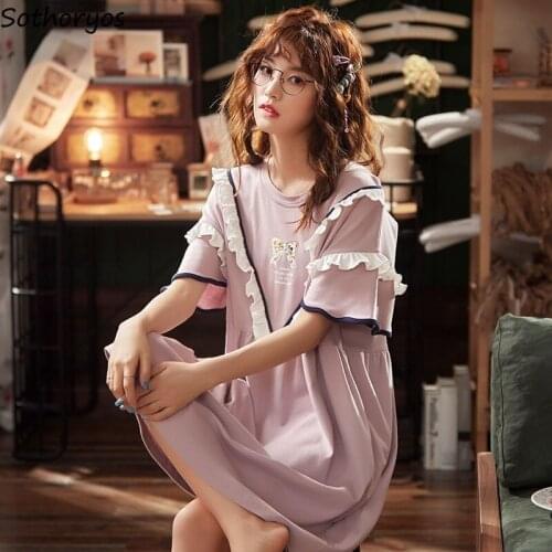Nightgowns Women Ruffle Knee-length Round Neck Sleepshirts Womens Plus Size M-3XL Sweet Loose Thin Sleepwear Korean Style New