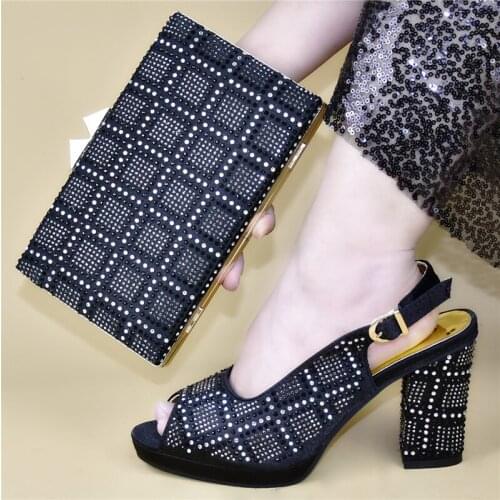 New Arrival Nigerian Shoes and Matching Bags Set Decorated with Rhinestone Women Shoe High Heel African Party Pumps Elegant Shoe