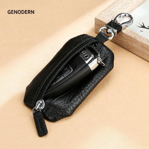 GENODERN New Cow Leather Car Key Holder Simple Litchi Cowhide Zipper Car Key Case Waterproof Slim Car Keychain