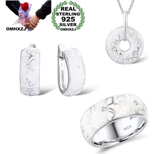 OMHXZJ Wholesale JE39 Fashion Woman Party Birthday Wedding Gift Flower 925 Sterling Silver Necklace+Earrings+Ring Jewelry Set