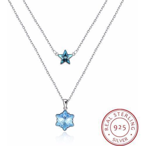 Lekani Trendy Crystals From Swarovski Snowflake Star Pendants Necklaces Real S925 Silver Double Chains Collier For Women Wedding