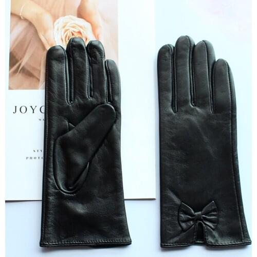 Genuine Leather Sheepskin Gloves Ladies Fashion Bow-Knot Style Velvet Lining Autumn and Winter Warmth Preferential Points Gloves