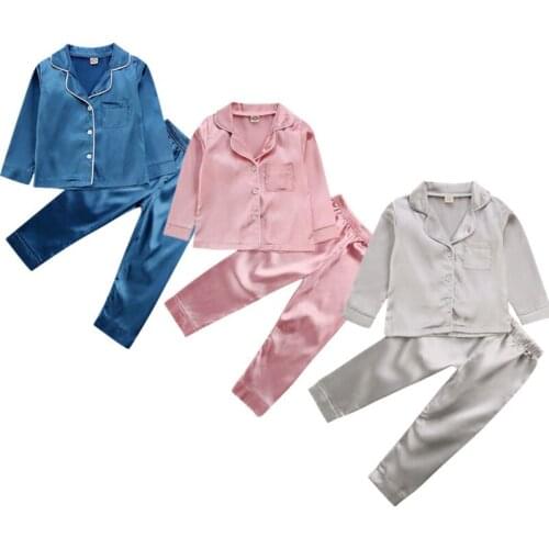 Autumn Solid Casual Fashion pajamas set Toddler Kid Silk Satin PJs Botton Long Sleeve Top Pant Sleepwear Nightwear Girl Boy 1-7Y