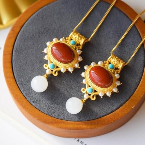 Natural South Red Pendant Ring Set Embellished Freshwater Pearl Green Pine Sterling Silver Inlaid Court Retro Style Pendant for