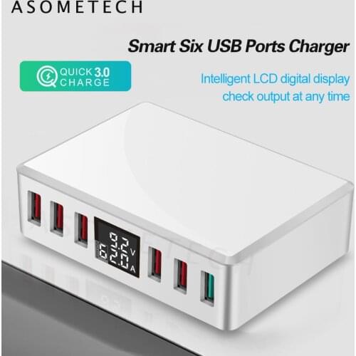 QC 3.0 USB Phone Charger 6 Ports Fast Charging Smart LCD Digital Display Multi-Port Travel Charger Station Quick Charger