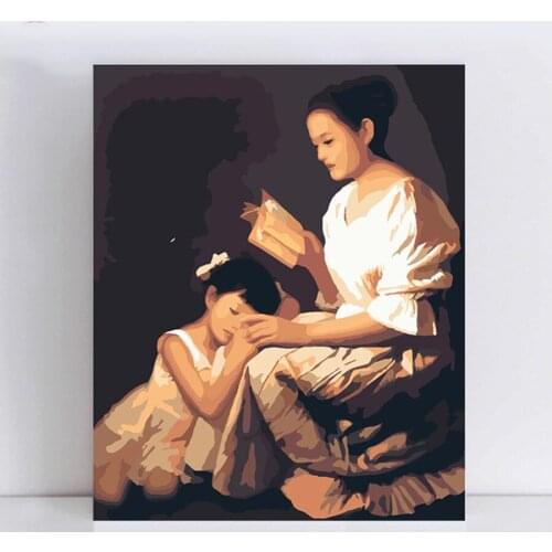 Parental language Children listening to a book recite the mother picture by numbers Diy painting hand painted