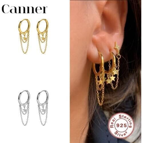 Canner 100% Real 925 Sterling Silver Earrings for Women Tassel Double Chain Earrings Trendy Fashion Hoop Earrings Pendientes W5
