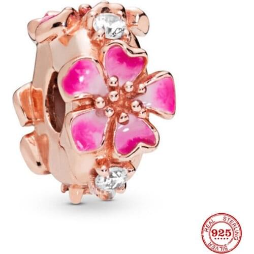 New 925 Sterling Silver Pink Daisy Spacer Clip Charm Fit Original Pandora Bracelets for Women DIY Jewelry Making