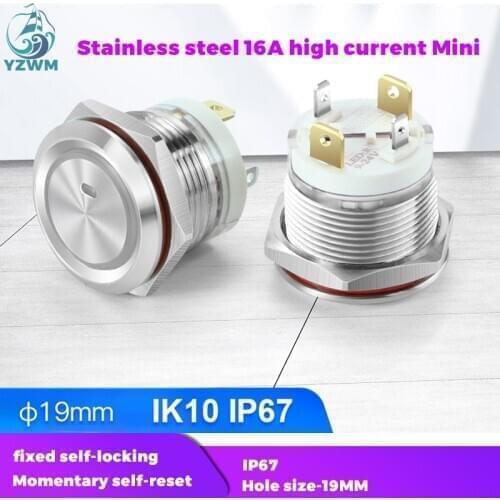 YZWM 16A High Current 19mm Metal Button Switch Reset Self Locking Waterproof Band Ring Lamp Start Button Short