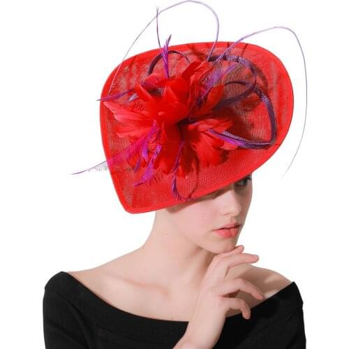 Ladies Red Fascinator Hat Hair Clip Bridal Elegant With Fantastic Feather Flower Wonderful Millinery Cap Mesh Hair Accessories
