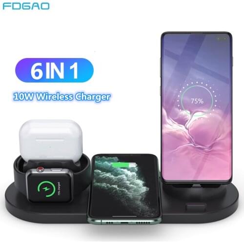 FDGAO 6 in 1 Wireless Charger Dock Station for iPhone/Android/Type-C USB Phones 10W Qi Fast Charging For Apple Watch AirPods Pro