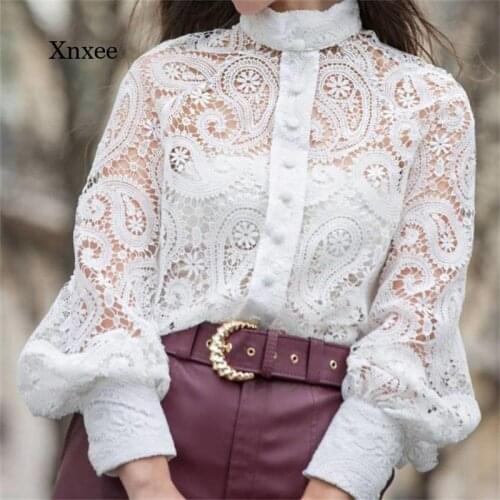 Women Lantern Sleeve Blous New Long Sleevve Lace Elegant Blouse Shirts Stand Collar Lace Hollow Out Blouses Sexy Vintage Tops