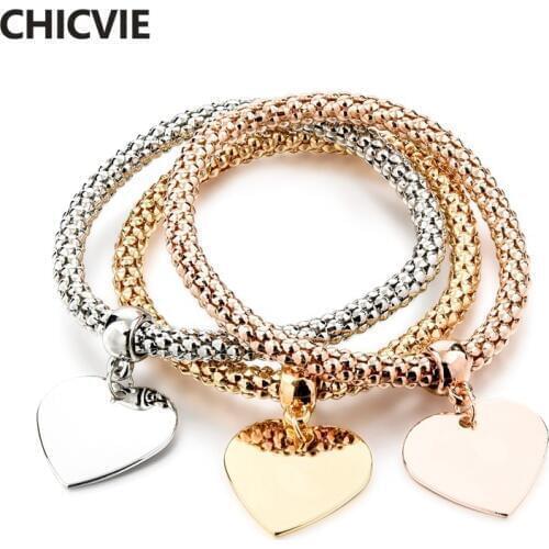 CHICVIE 3 PCS/Set Gold Heart Charm Bracelets & Bangles For Women Crystal Brand Elastic Jewelry Ethnic Bracelets Femme SBR160355