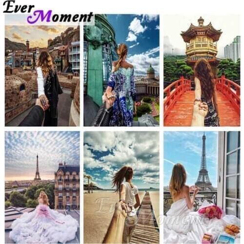 Ever Moment Diamond Painting View of Back Girl Sea Tower Diamond Embroidery Home Gift Craft 5D Full Square Mosaic ASF2095
