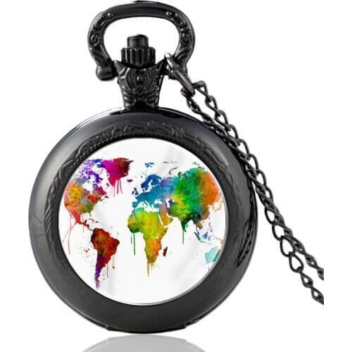 Classic Oil Painting World Map Design Vintage Quartz Pocket Watch Men Women Glass Dome Unique Pendant Necklace Hours Clock Gifts